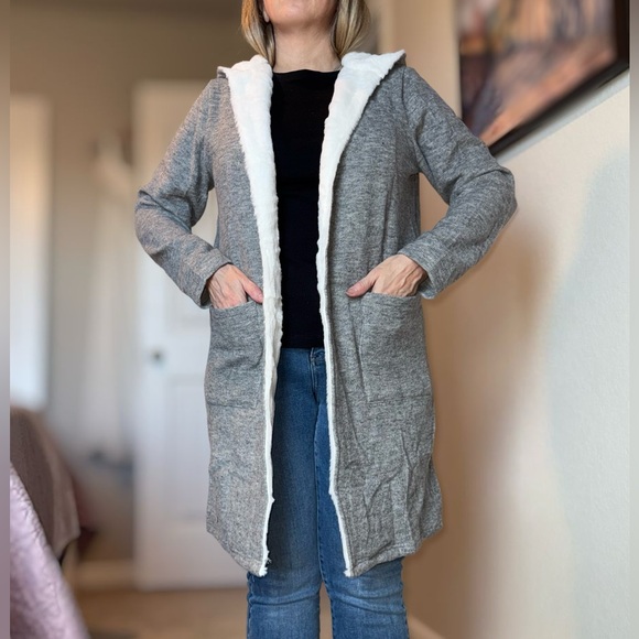 Hayden Jackets & Blazers - Hayden Gray Cardigan with White Furry Trim & Hood